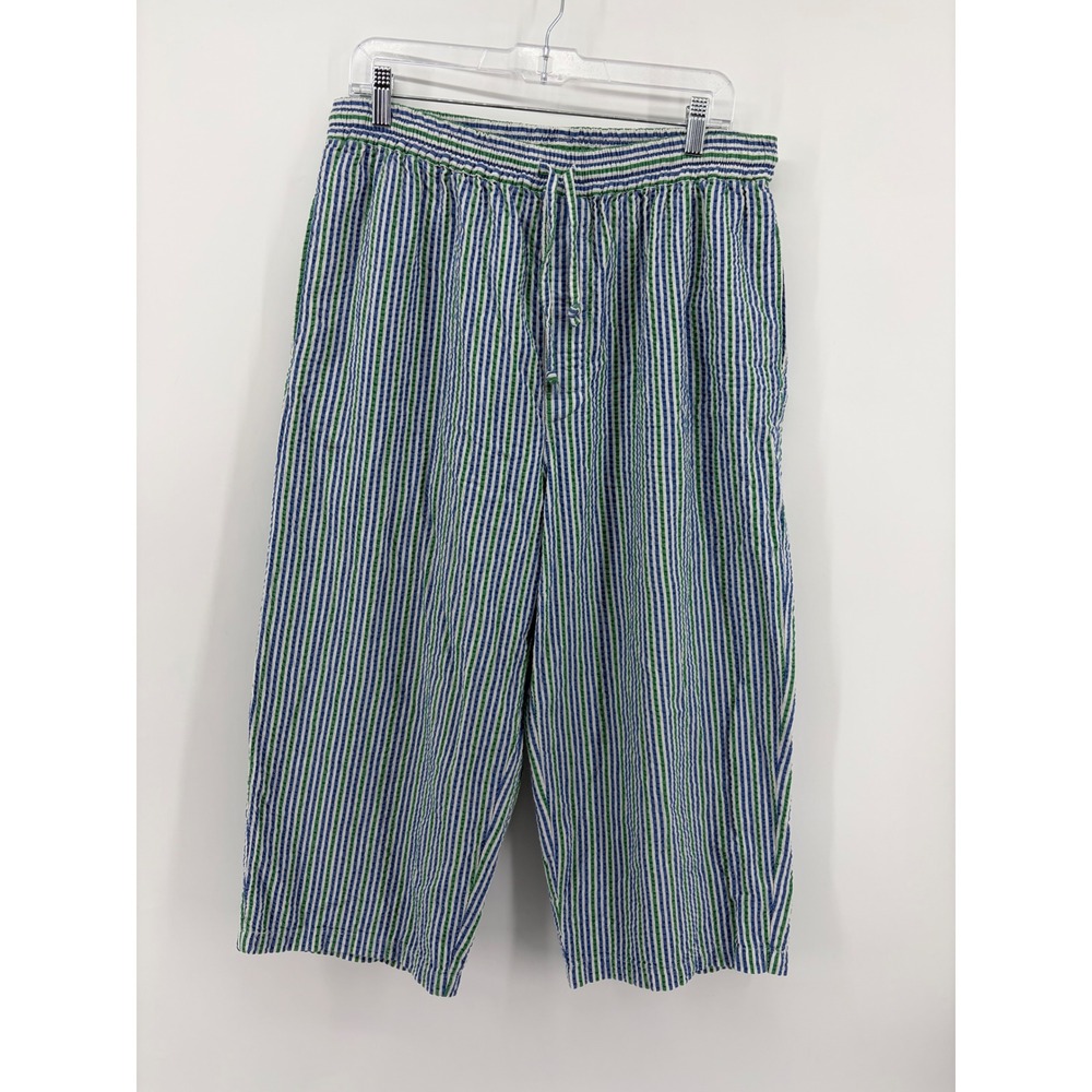 Nautica Womens L Blue‎ Green Striped Seersucker Pajama Pants Drawstring Cotton